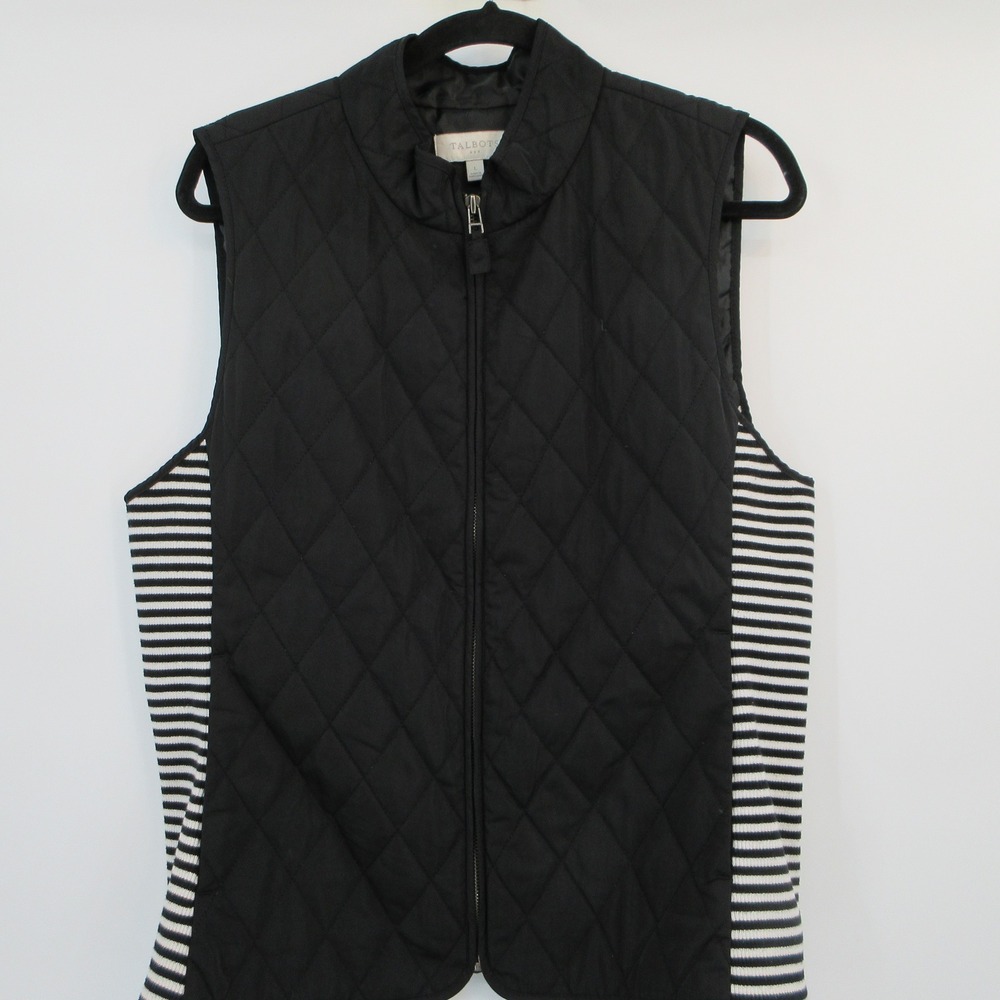 Talbots Womens Black Quilted Puffer Vest Striped Ribbed Sides Mock Neck Large